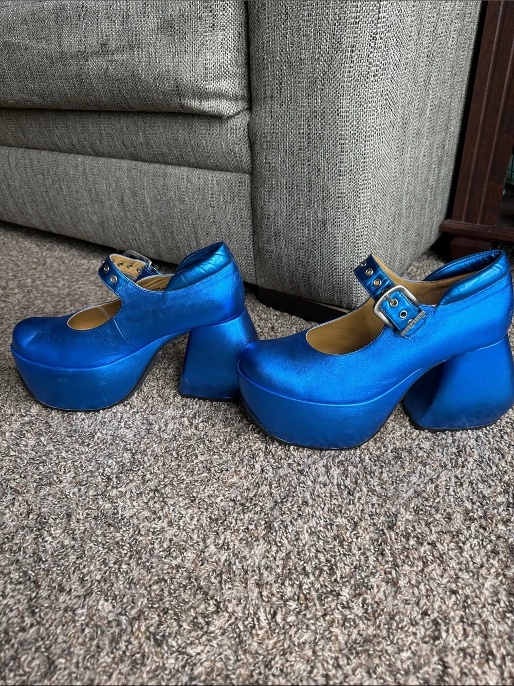 John Fluevog Superfly Kool in Metallic Blue Platform Maryjane Shoes